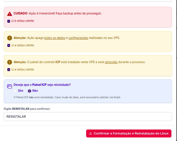 Avisos de reinstalação